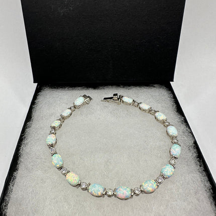 Vintage Silver Tennis Bracelet | White Fire Opal Gemstone Cubic Zirconia Crystal Diamond | 925 Sterling Silver