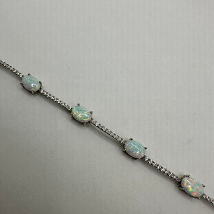 Vintage Silver Tennis Bracelet | White Fire Opal Gemstone Crystal Diamond Set in 925 Sterling Silver