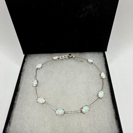 Vintage Silver Tennis Bracelet | White Fire Opal Gemstone Crystal Diamond Set in 925 Sterling Silver