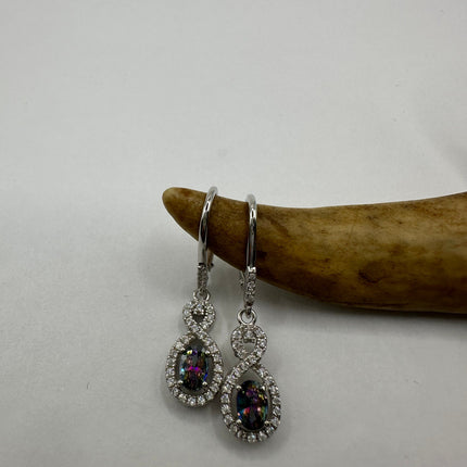Vintage Silver Earrings | Blue Mystic Topaz White Sapphire Gemstone Dangle Drop Chandelier Earrings | 925 Sterling Silver