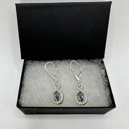 Vintage Silver Earrings | Blue Mystic Topaz White Sapphire Gemstone Dangle Drop Chandelier Earrings | 925 Sterling Silver