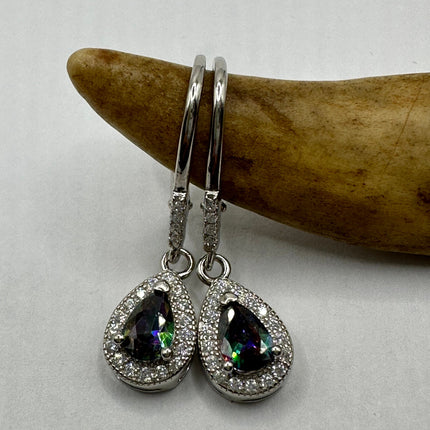 Vintage Silver Earrings | Blue Mystic Topaz White Sapphire Gemstone Dangle Drop Chandelier Earrings | 925 Sterling Silver