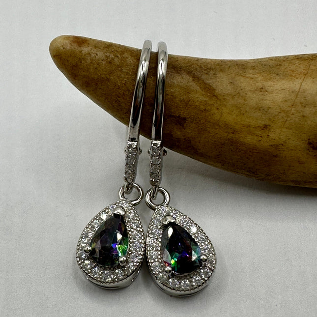Vintage Silver Earrings | Blue Mystic Topaz White Sapphire Gemstone Dangle Drop Chandelier Earrings | 925 Sterling Silver