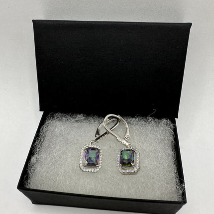 Vintage Silver Earrings | Blue Mystic Topaz White Sapphire Gemstone Dangle Drop Chandelier Earrings | 925 Sterling Silver