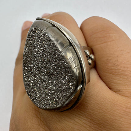 Vintage Hematite Drusy Crystal Ring Band 925 Sterling Silver