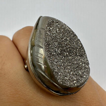 Vintage Hematite Drusy Crystal Ring Band 925 Sterling Silver