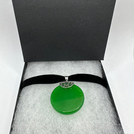 Vintage Green Jade Deco Choker Necklace - Silver Bronze