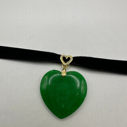 Vintage Green Jade Heart Deco Choker Necklace - Silver Bronze