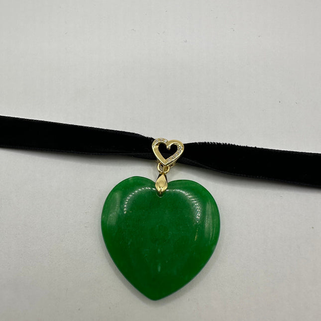 Vintage Green Jade Heart Deco Choker Necklace - Silver Bronze