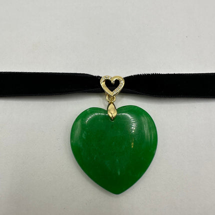 Vintage Green Jade Heart Deco Choker Necklace - Silver Bronze