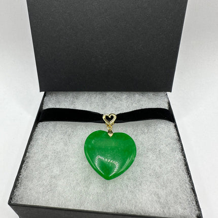 Vintage Green Jade Heart Deco Choker Necklace - Silver Bronze
