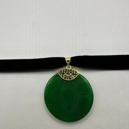 Vintage Green Jade Deco Choker Necklace - Golden Bronze