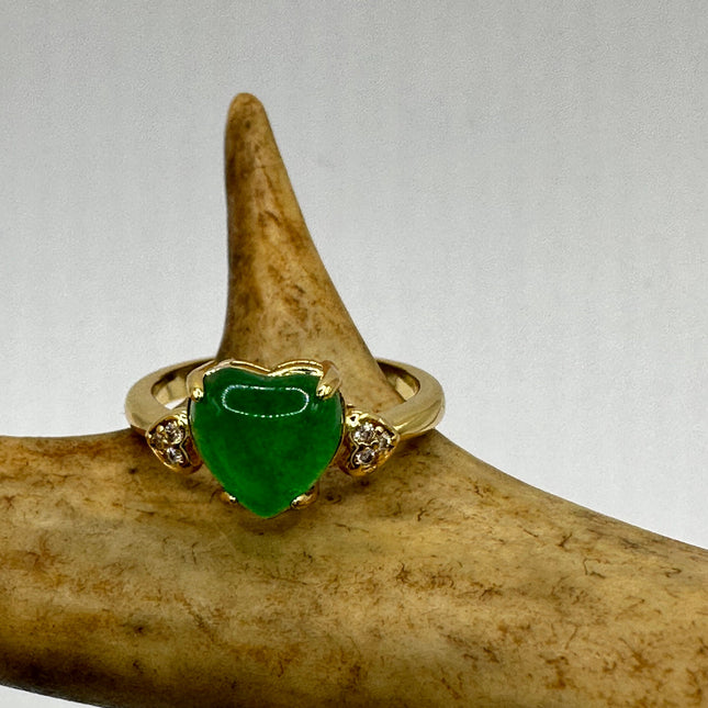 Vintage Gold Jade Ring | Green Gemstone Jade Crystal Birthstone Lucky Cocktail Ring | Golden Bronze Gold Ring
