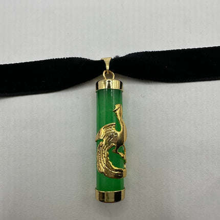 Vintage Green Jade Deco Choker Necklace - Golden Bronze
