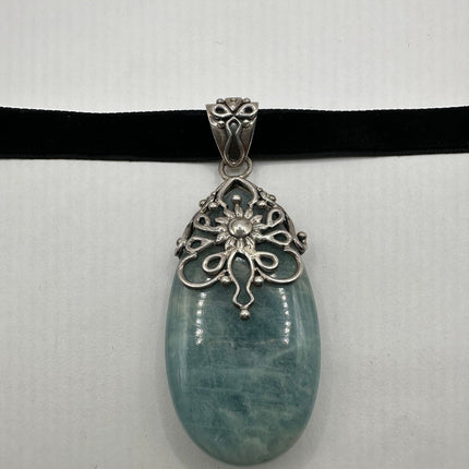 Vintage Green Amazonite 925 Sterling Silver Black Velvet Choker Necklace