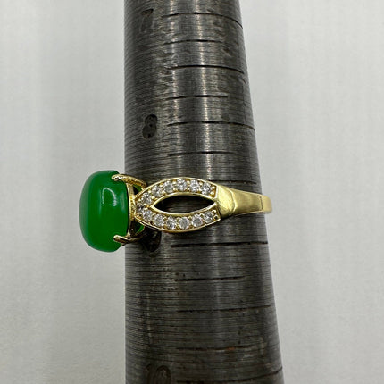 Vintage Gold Green Jade Lucky Cocktail Ring - oval shape, antique design, diamond look