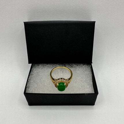 Vintage Gold Green Jade Lucky Cocktail Ring - oval shape, antique design, diamond look