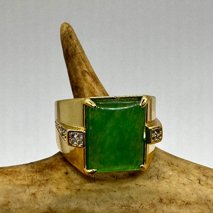 Vintage Gold Jade Ring | Emerald Green Fun Jade Clear Crystal Gemstone Lucky Golden Bronze Setting Statement Ring For Him For Her For Anyone