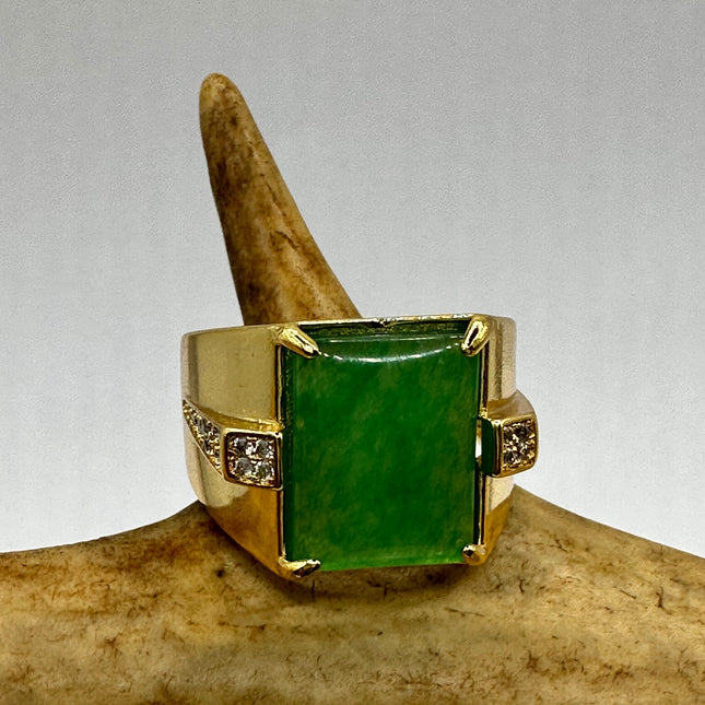 Vintage Gold Jade Ring | Emerald Green Fun Jade Clear Crystal Gemstone Lucky Golden Bronze Setting Statement Ring For Him For Her For Anyone