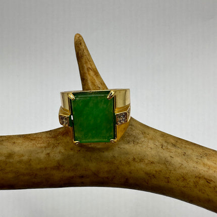 Vintage Gold Jade Ring | Emerald Green Fun Jade Clear Crystal Gemstone Lucky Golden Bronze Setting Statement Ring For Him For Her For Anyone
