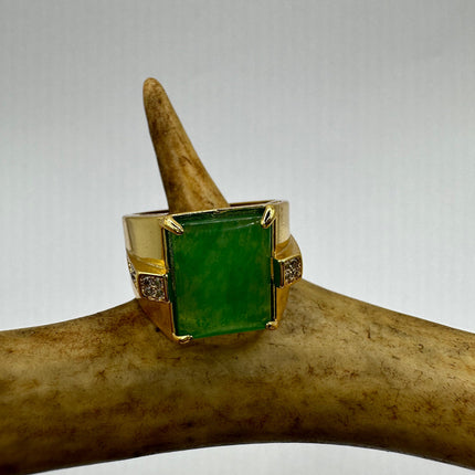 Vintage Gold Jade Ring | Emerald Green Fun Jade Clear Crystal Gemstone Lucky Golden Bronze Setting Statement Ring For Him For Her For Anyone