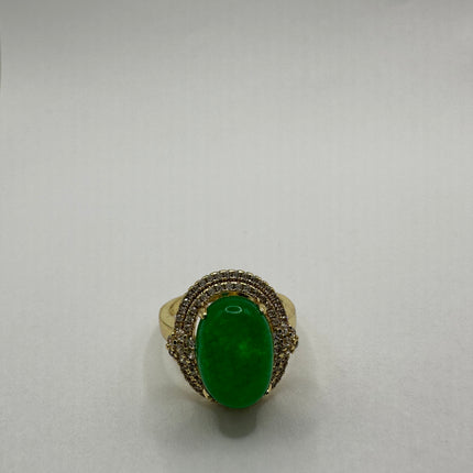 Vintage Gold Green Jade Lucky Cocktail Ring - oval shape, antique design, diamond look