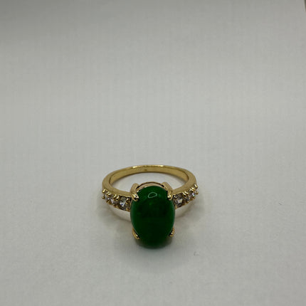 Vintage Gold Jade Ring | Lucky Emerald Green Fun Jade White Crystal Gemstone Cocktail | Gold Finished Bronze Band Ring | Size 7