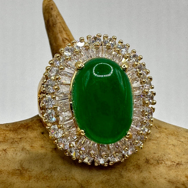 Vintage Gold Green Jade Lucky Cocktail Ring - Oval shape, antique design, diamond look
