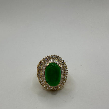 Vintage Gold Green Jade Lucky Cocktail Ring - Oval shape, antique design, diamond look