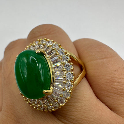 Vintage Gold Green Jade Lucky Cocktail Ring - Oval shape, antique design, diamond look