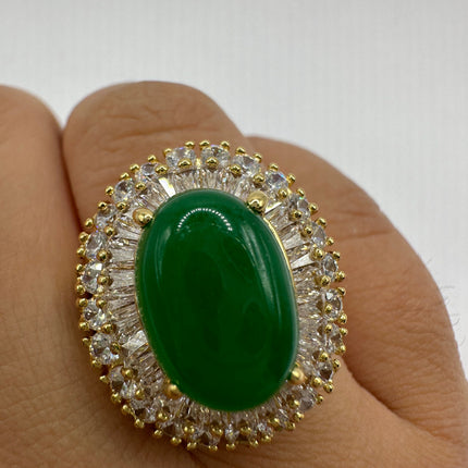 Vintage Gold Green Jade Lucky Cocktail Ring - Oval shape, antique design, diamond look