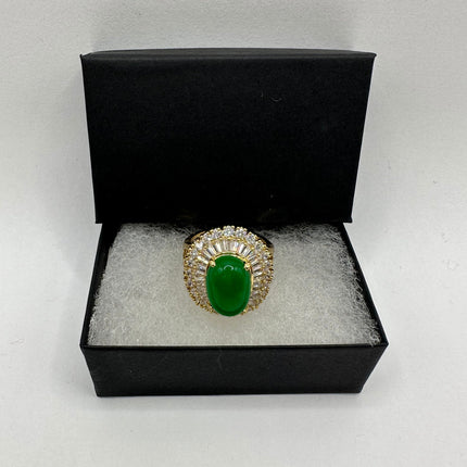 Vintage Gold Green Jade Lucky Cocktail Ring - Oval shape, antique design, diamond look