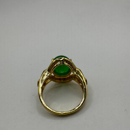 Vintage Gold Green Jade Lucky Cocktail Ring - oval shape, antique design, diamond look