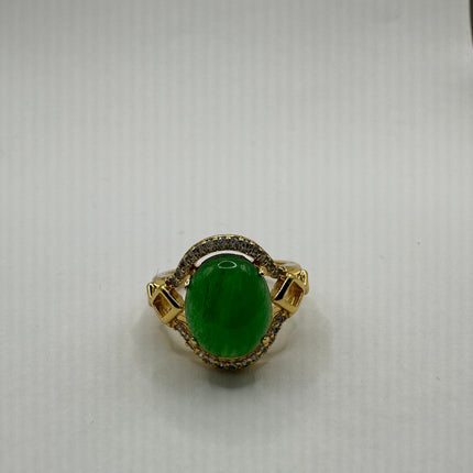 Vintage Gold Green Jade Lucky Cocktail Ring - oval shape, antique design, diamond look
