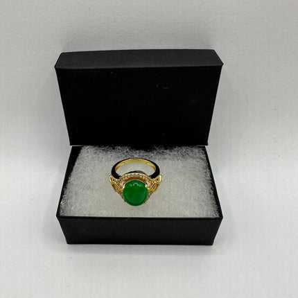 Vintage Gold Green Jade Lucky Cocktail Ring - oval shape, antique design, diamond look
