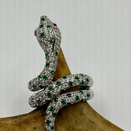 Vintage Silver Snake Ring | Green Chrome Diopside Gemstone Crystal Serpent Ring | 925 Sterling Silver Band Statement Cocktail Ring