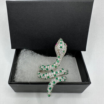 Vintage Silver Snake Ring | Green Chrome Diopside Gemstone Crystal Serpent Ring | 925 Sterling Silver Band Statement Cocktail Ring
