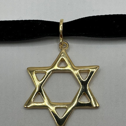 Vintage Gold Star of David Pendant Choker Necklace | 9K Gold Filled Jewish Star Velvet Ribbon Statement Charm Choker Necklace