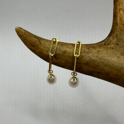 Vintage Gold Earrings | White Pearl Deco Chain Link Style Dangle Drop Earrings | Golden 925 Sterling Silver | Everyday Elegant Wedding