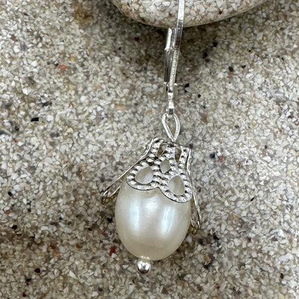 Vintage Silver Earrings | Deco White Pearl 925 Sterling Silver Chain Earrings