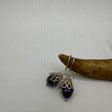 Vintage Silver Earrings | Deco Black Pearl 925 Sterling Silver Chain Earrings