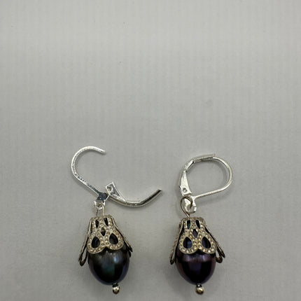 Vintage Silver Earrings | Deco Black Pearl 925 Sterling Silver Chain Earrings