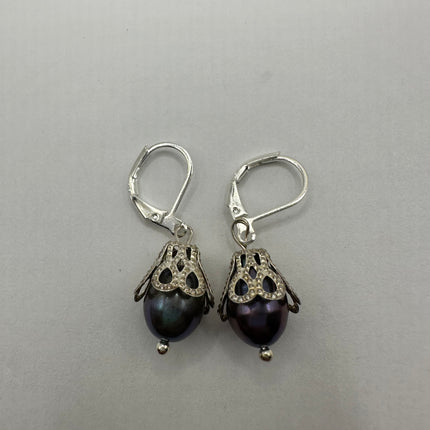 Vintage Silver Earrings | Deco Black Pearl 925 Sterling Silver Chain Earrings