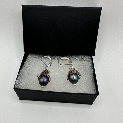 Vintage Silver Earrings | Deco Black Pearl 925 Sterling Silver Chain Earrings