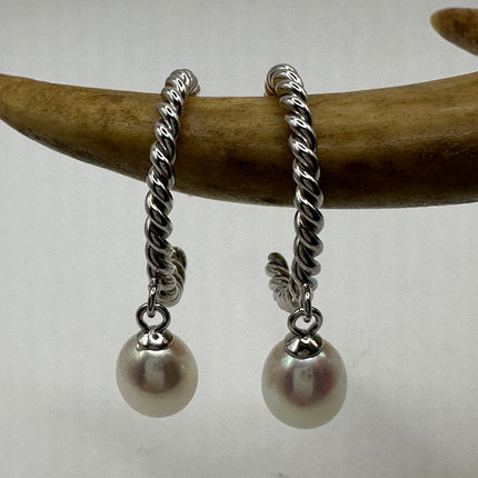 Vintage Silver Earrings | Deco White Pearl 925 Sterling Silver Hoop Earrings