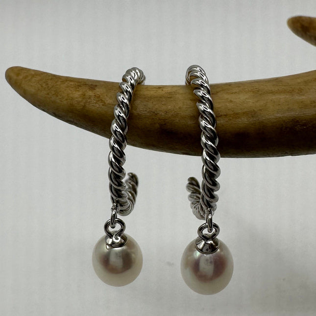 Vintage Silver Earrings | Deco White Pearl 925 Sterling Silver Hoop Earrings