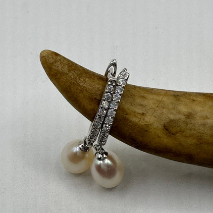 Vintage Silver Earrings | Deco White Pearl 925 Sterling Silver Hoop Earrings