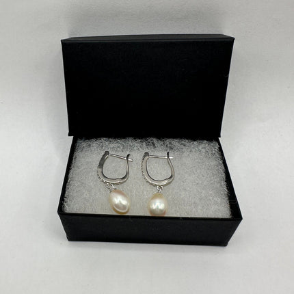 Vintage Silver Earrings | Deco White Pearl 925 Sterling Silver Hoop Earrings
