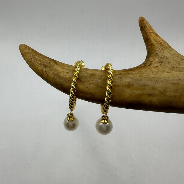 Vintage Gold Earrings | Tiny White Pearl Deco Twisted Hoop Loop | Golden 925 Sterling Silver Minimalist Elegant Everyday Earrings