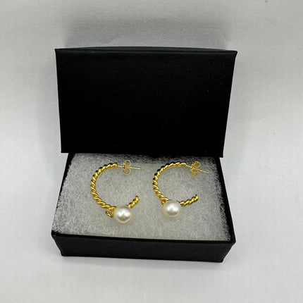 Vintage Gold Earrings | Tiny White Pearl Deco Twisted Hoop Loop | Golden 925 Sterling Silver Minimalist Elegant Everyday Earrings